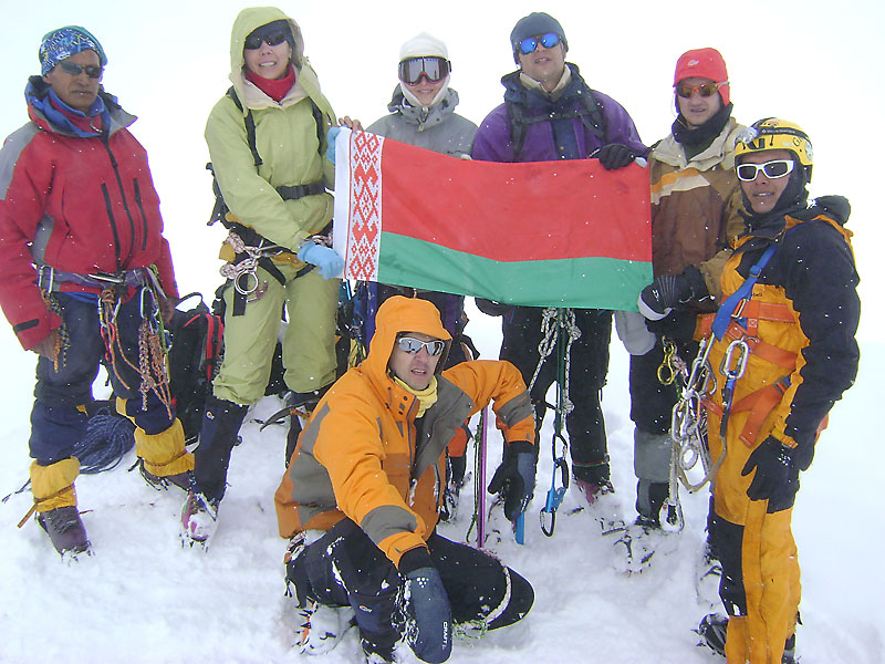 The Belarusian flag flying on top of Island Peak in the Himalayas