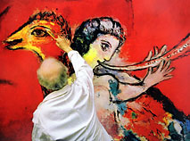 Marc Chagall working on the fresco “Triumph of Music” for Lincoln Center for the Performing Arts, New York, the U.S.