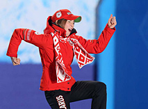 Darya Domracheva celebrates the third Olympic gold medal in Sochi, 2014