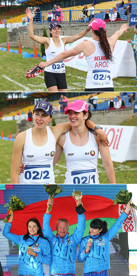 Women’s relay race bronze medalists Yekaterina Orel and Tatyana Khaldoba (Belarus)