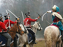 Historical re-enactment of Napoleon's crossing the Berezina River near Borisov