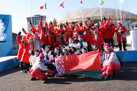 Team Belarus at ceremony of hoisting up national flag at the Olympic Village