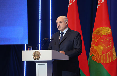 Belarus’ President Alexander Lukashenko delivers a speech