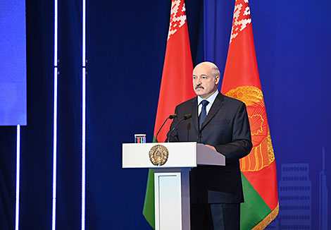 Belarus’ President Alexander Lukashenko delivers a speech