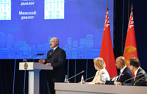 Belarus’ President Alexander Lukashenko delivers a speech