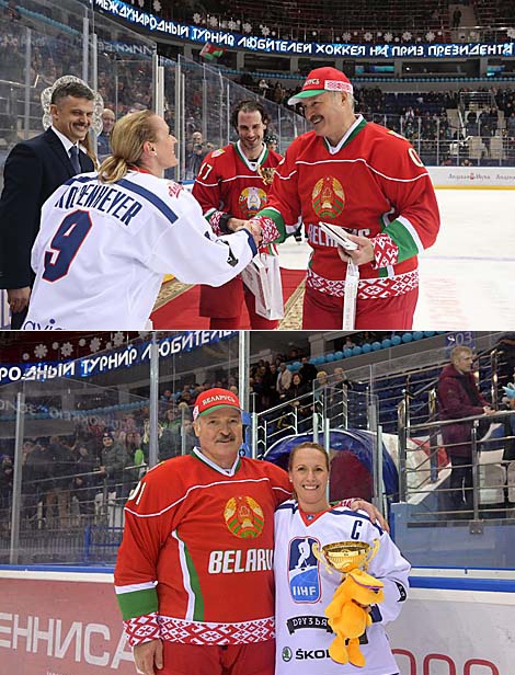 Alexander Lukashenko and IIHF Team Player of the Game Zsuzsanna Kolbenheyer