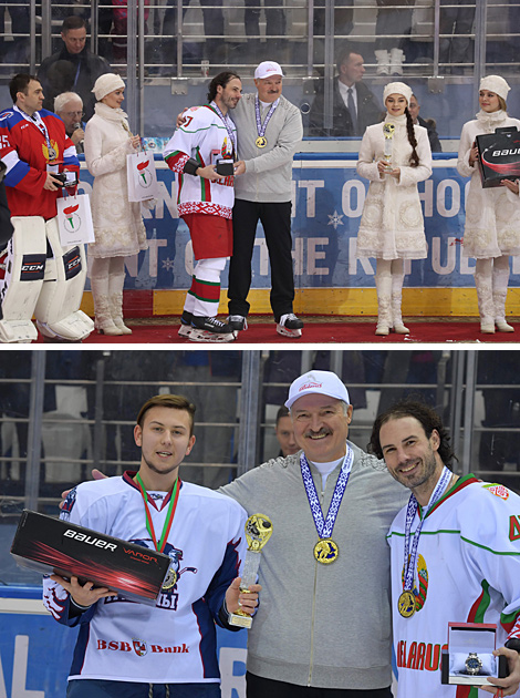 Alexander Lukashenko awards the tournament’s best defenseman Daniel Corso (Belarus)