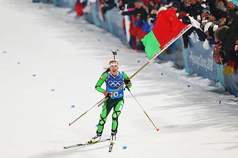 Darya Domracheva on finish of the Women's 4x6km Relay at the 2018 Olympics