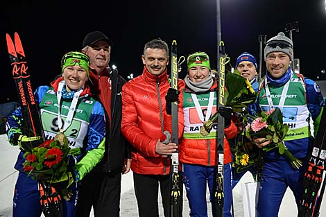 Team Belarus, senior coach of the Belarusian national biathlon team Yuri Albers and Belarusian Sport and Tourism Minister Sergei Kovalchuk 