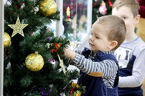 Christmas tree decorations on display in Minsk