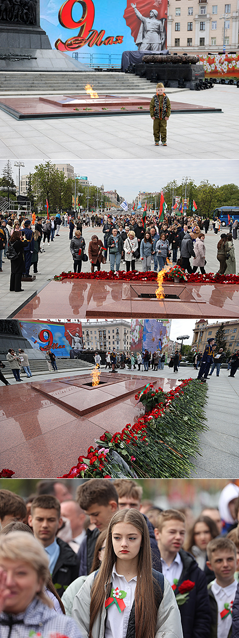 Народное возложение цветов к монументу Победы в Минске