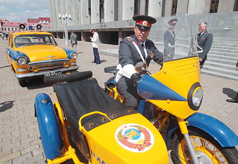 Exhibition of vintage and modern road police cars in Minsk downtown