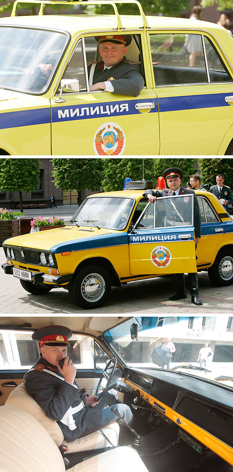 Exhibition of vintage and modern road police cars in Minsk downtown