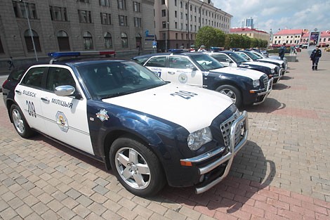 Exhibition of vintage and modern road police cars in Minsk downtown