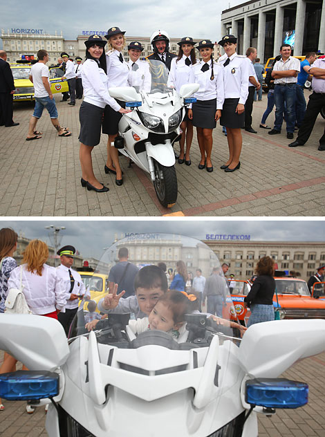 Belarusian vintage road police cars and modern patrol vehicles