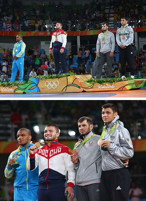 Алімпійскі чэмпіён Давіт Чакветадзэ (Расія), уладальнік серабра Жан Белянюк (Украіна) і бронзавыя прызёры Дзяніс Максіміліян Кудла (Германія) і Джавід Гамзатаў (Беларусь)