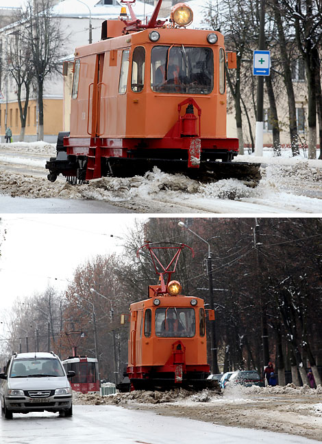 Snow clearing tram in the streets of  Vitebsk