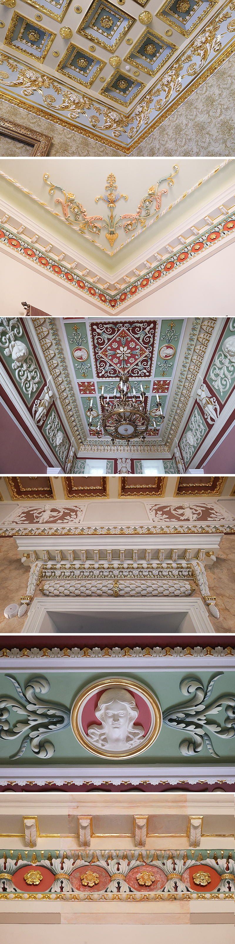 The pride of the Zhilichsky Palace is the coffered ceilings